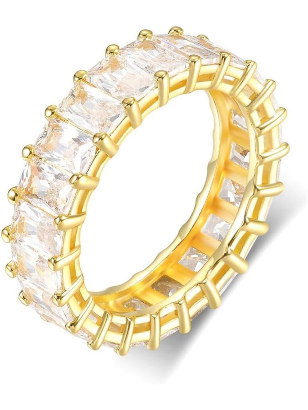 Elegant 18K Gold Plated Emerald Cut CZ Eternity Wedding Ring Band for Women